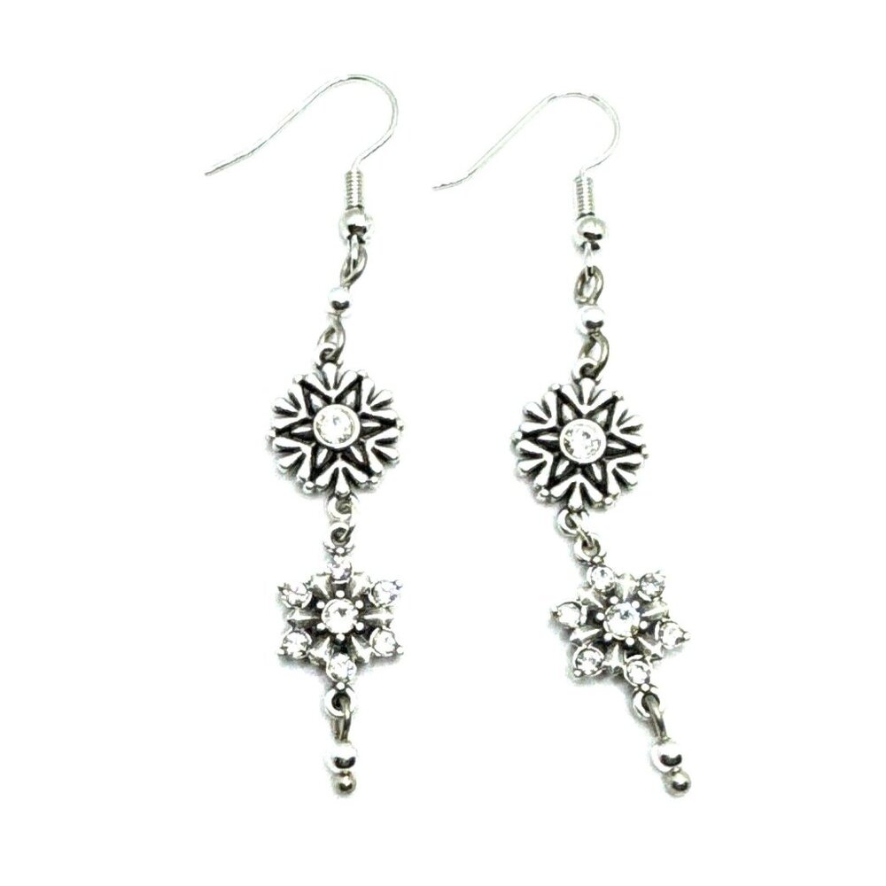 Brighton Arctica 2-Snowflakes Dangle Crystals Holiday Winter Silver Earrings
